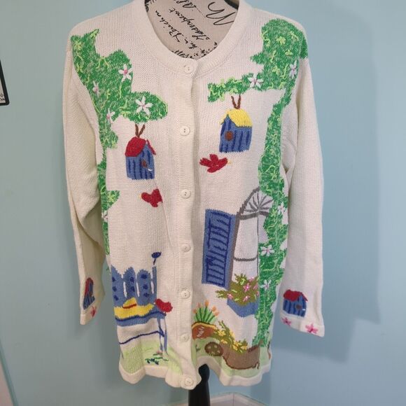 The Quacker Factory Sweater Cardigan 1x spring birdhouse Embroidered Grandma - Picture 1 of 8